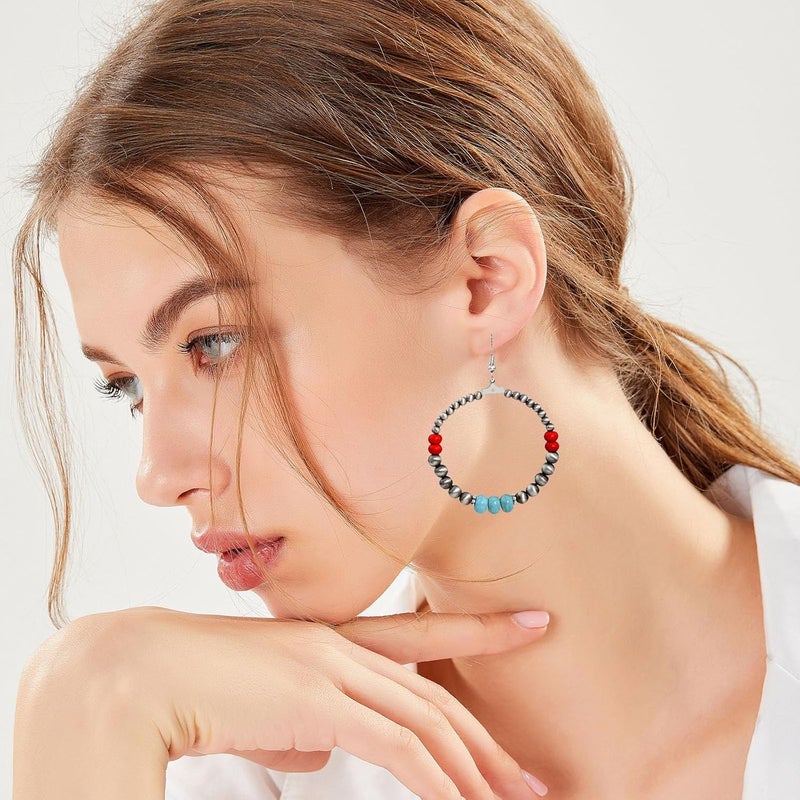 JMScape 4 PCS Western Turquoise Jewelry for Women Boho Vintage Navajo Pearl Necklace Earring Bracelet Ring Set Country Cowgirl Accessories for Gift - Image 4